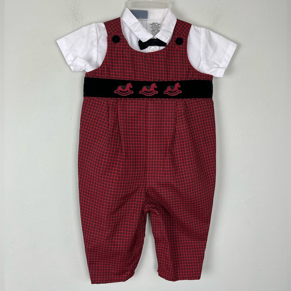 Vintage In Design Baby Boys Wear Red Plaid Overall and White Shirt 3-6 M